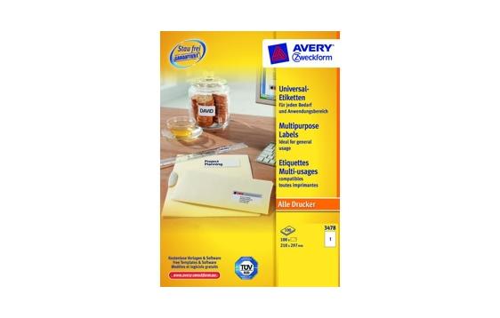 9410387 Avery 3478 Etikett AVERY ILC A4 210x297 (100) etiketter for laser, kopi og inkjet